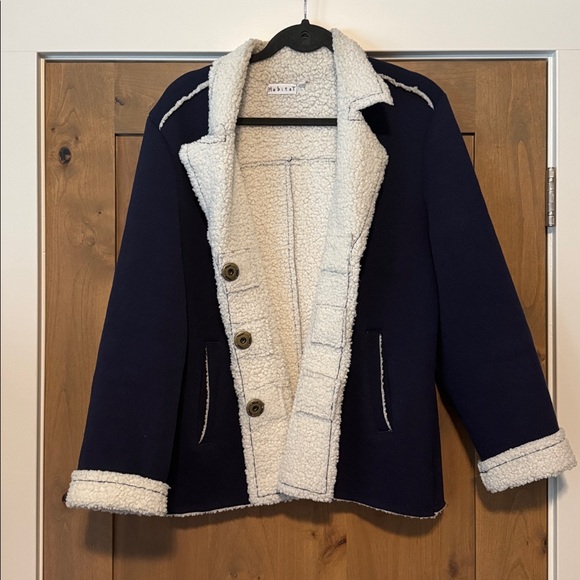 Habitat Navy Blue Teddy Bear Sherpa Lined Jacket Womens L Warm Fall/Winter cozy - Picture 1 of 10